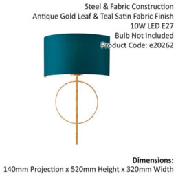 Antique Gold Leaf Wall Light & Teal Satin Half Shade Dimmable Led Filament Lamp - thumbnail 2