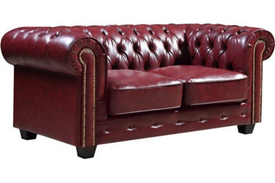 Furniture Instore Chesterfield Red Leather Antique 2 Seater Sofa - image 1