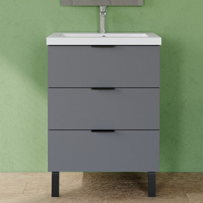 AVER-GROWTH 600mm Bathroom Vanity Unit With Basin Matt Grey Resin Sink Floor Standing Bathroom Storage Cabinet 3 Drawers Handles Black Handles - image 1