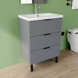 AVER-GROWTH 600mm Bathroom Vanity Unit With Basin Matt Grey Resin Sink Floor Standing Bathroom Storage Cabinet 3 Drawers Handles Black Handles - thumbnail 3