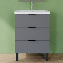 AVER-GROWTH 600mm Bathroom Vanity Unit With Basin Matt Grey Resin Sink Floor Standing Bathroom Storage Cabinet 3 Drawers Handles Black Handles - thumbnail 1