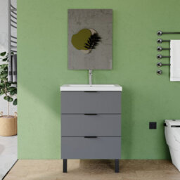 AVER-GROWTH 600mm Bathroom Vanity Unit With Basin Matt Grey Resin Sink Floor Standing Bathroom Storage Cabinet 3 Drawers Handles Black Handles - thumbnail 2