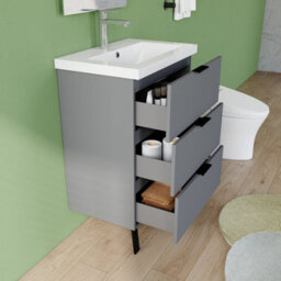AVER-GROWTH 600mm Bathroom Vanity Unit With Basin Matt Grey Resin Sink Floor Standing Bathroom Storage Cabinet 3 Drawers Handles Black Handles - thumbnail 5
