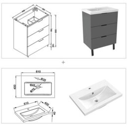 AVER-GROWTH 600mm Bathroom Vanity Unit With Basin Matt Grey Resin Sink Floor Standing Bathroom Storage Cabinet 3 Drawers Handles Black Handles - thumbnail 6