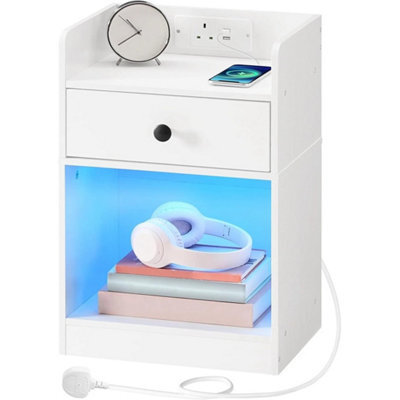 Bedside Table With Charging Station Led Lights Side Nightstand White - image 1