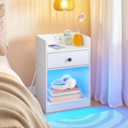 Bedside Table With Charging Station Led Lights Side Nightstand White - thumbnail 3