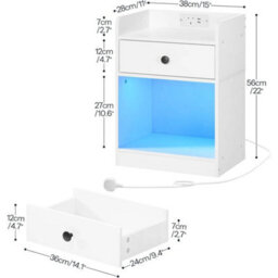 Bedside Table With Charging Station Led Lights Side Nightstand White - thumbnail 2