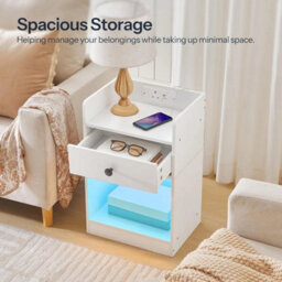 Bedside Table With Charging Station Led Lights Side Nightstand White - thumbnail 5