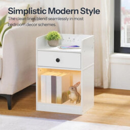 Bedside Table With Charging Station Led Lights Side Nightstand White - thumbnail 4