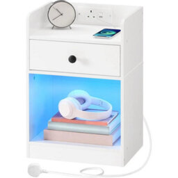 Bedside Table With Charging Station Led Lights Side Nightstand White - thumbnail 1