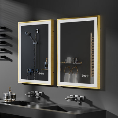 Luvodi Led Bathroom Mirror Demister, Touch Sensor, Gold Brushed Brass Frame 800X600mm - image 1