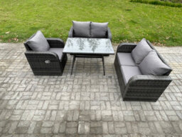 Fimous Outdoor Garden Dining Sets Rattan Furniture With Dining Table Armchairs Love Sofa Dark Grey Mixed - thumbnail 2