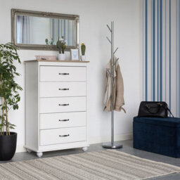 Wyld And Coco Nordic Living White Chest Of Drawers With Light Wood Accents - 5 Drawers, W76 X D39 X H117Cm - thumbnail 2