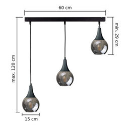 Luminosa Lighting Luminosa Lacrima Bar Pendant Ceiling Light Black Smoky Glass Shade 3X E27 - thumbnail 2