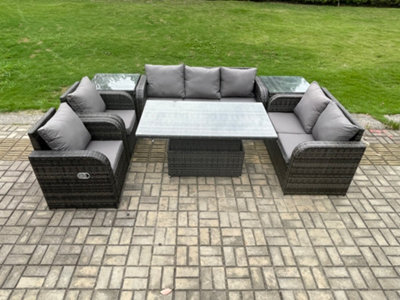 Fimous Rattan Outdoor Garden Furniture Sets Adjustable Rising Lifting Dining Table Reclining Chair Sofa Set Dark Grey - image 1