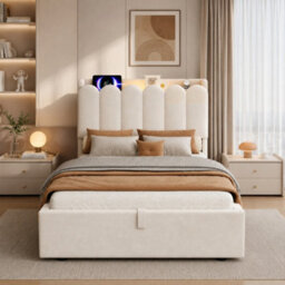 Modernluxe 3Ft Single Bed, Ottoman Bed, 90 X 190 Cm, With Usb & Type-C Charging Ports And Reading Light, Velvet, Beige - thumbnail 2