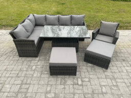 Fimous Outdoor Garden Furniture Set Wicker Pe Rattan Height Adjustable Rising Lifting Table Sofa Dining Set With Armchair - thumbnail 2