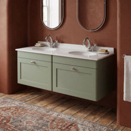 Balterley Swynnerton Traditional 2 Drawer Wall Hung Vanity Unit With Double Marble Basin, Satin Green, 1200mm - thumbnail 2