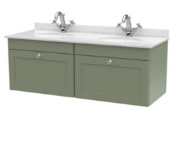 Balterley Swynnerton Traditional 2 Drawer Wall Hung Vanity Unit With Double Marble Basin, Satin Green, 1200mm