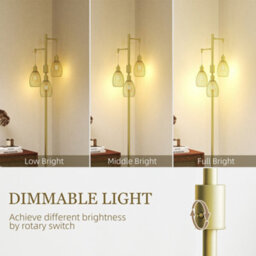 Homcom Industrial 3-Light Floor Lamp Dimmable Standing Lamp, Gold - thumbnail 4