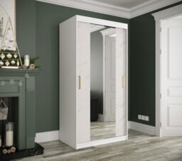 Arte Elegant White Geneva T1 Mirrored Sliding Door Wardrobe W1000mm H2000mm D620mm - Modern Space-Saving Design With Gold Handles - thumbnail 2