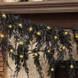 Amorly 180Cm Black Halloween Cedar Garland For Mantle, Artificial Pine With Warm Lights, Soft Touch Spooky Decor For Indoor Outdoor - thumbnail 6