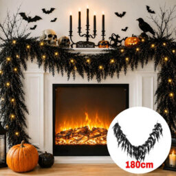 Amorly 180Cm Black Halloween Cedar Garland For Mantle, Artificial Pine With Warm Lights, Soft Touch Spooky Decor For Indoor Outdoor - thumbnail 2