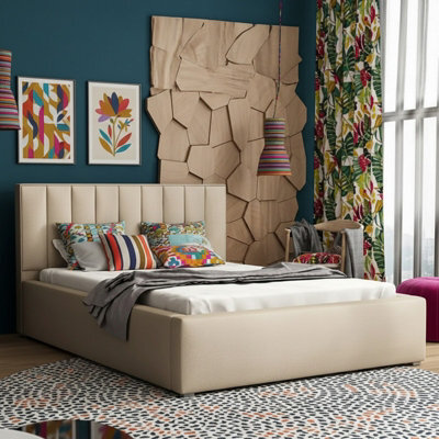 Modern Bedroom Bed Frame With Storage 180X200 Hdf And Laminated Board Metal Slatted Base 200X223X93Cm Beige - image 1