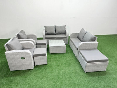 Fimous 9 Seater Outdoor Reclining Chair Love Sofa Set Rattan Garden Furniture Set Square Coffee Table 3 Stools Light Grey - image 1