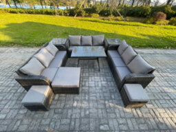 Fimous Rattan Garden Furniture Set 12 Seater Patio Outdoor Lounge Sofa Set With 2 Side Tables Rectangular Dining Table - thumbnail 2