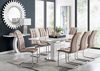 Furniturebox Arezzo White High Gloss Extending Dining Table & 8 Cappuccino Beige Murano Faux Leather Dining Chairs - image 1