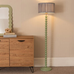 Valuelights Bobbins Sage Green Floor Lamp With Ruched Pleated Blue Drum Shade And Led Bulb - thumbnail 1