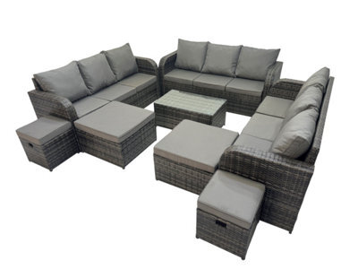 Fimous Outdoor 3 Seater Sofa Coffee Table Set Garden Rattan Furniture Set 13 Seater With 4 Stools Dark Grey - image 1
