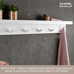 Keypak 6 Coat Hooks With Shelf, 68Cm Wooden Floating Shelf With Lip, Wall Mounted Coat Rack Hallway Organiser (White) - thumbnail 5
