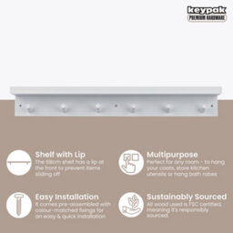 Keypak 6 Coat Hooks With Shelf, 68Cm Wooden Floating Shelf With Lip, Wall Mounted Coat Rack Hallway Organiser (White) - thumbnail 2