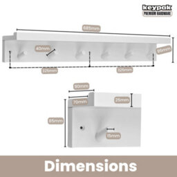 Keypak 6 Coat Hooks With Shelf, 68Cm Wooden Floating Shelf With Lip, Wall Mounted Coat Rack Hallway Organiser (White) - thumbnail 3