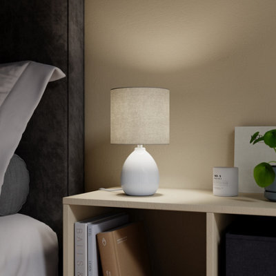 Cylinder Matt White & Grey Ceramic Fabric Led Table Lamp - image 1