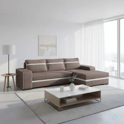 Corner Sofa Bed Finn With Storage Container Wooden Frame Sinuous Spring Wooden Legs 285X165X90Cm Brown And White Right - image 1