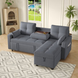 Matteo Grey L-Shaped Corner Sofa Bed With Pull-Out Sleeper, Storage & Cup Holders - thumbnail 3