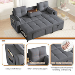 Matteo Grey L-Shaped Corner Sofa Bed With Pull-Out Sleeper, Storage & Cup Holders - thumbnail 7