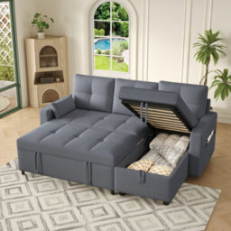 Matteo Grey L-Shaped Corner Sofa Bed With Pull-Out Sleeper, Storage & Cup Holders - thumbnail 4