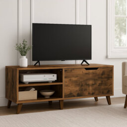 Modcraft Rustic Brown Tv Stand With 2 Doors & Adjustable Shelves , 140Cm Unit For Tvs And Living Room Storage Cabinet