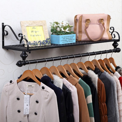 Living And Home Black Metal Clothes Rail Wall Mounted Garment Hanging Rack With Display Storage Shelf W 700 mm - image 1