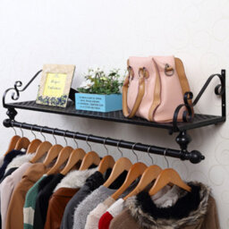 Living And Home Black Metal Clothes Rail Wall Mounted Garment Hanging Rack With Display Storage Shelf W 700 mm - thumbnail 3
