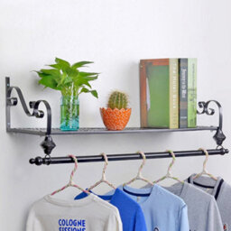 Living And Home Black Metal Clothes Rail Wall Mounted Garment Hanging Rack With Display Storage Shelf W 700 mm - thumbnail 2