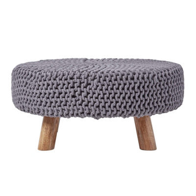 Homescapes Sea Grey Large Round Cotton Knitted Footstool On Legs - image 1