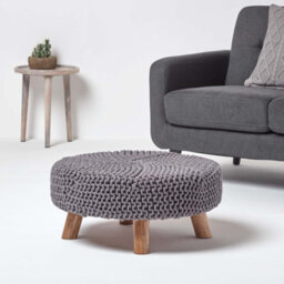 Homescapes Sea Grey Large Round Cotton Knitted Footstool On Legs - thumbnail 2