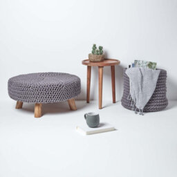 Homescapes Sea Grey Large Round Cotton Knitted Footstool On Legs - thumbnail 6