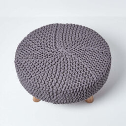 Homescapes Sea Grey Large Round Cotton Knitted Footstool On Legs - thumbnail 3