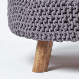 Homescapes Sea Grey Large Round Cotton Knitted Footstool On Legs - thumbnail 4
